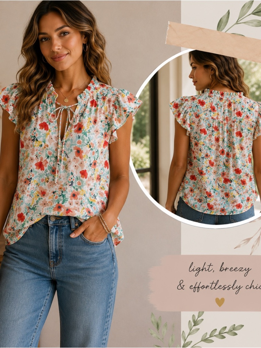Floral Tie-Neck Ruffle Sleeve Top - White Multi
